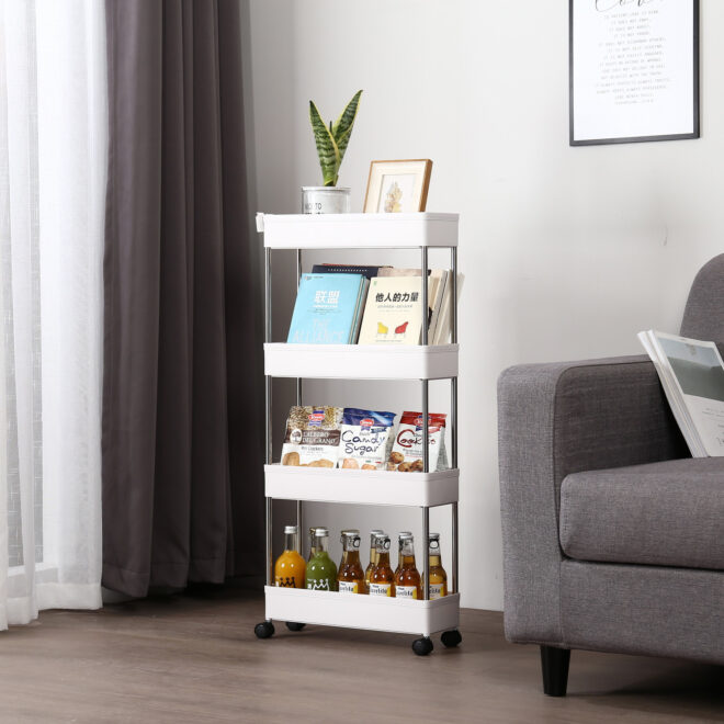 4 Tier Slim Storage Cart Mobile Shelving Unit Organizer Slide Out Storage Rolling Utility Cart Tower Rack for Kitchen Bathroom Laundry Narrow Places, Plastic & Stainless Steel, White - Image 4