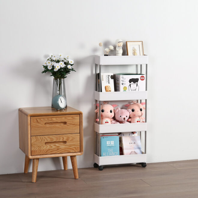 4 Tier Slim Storage Cart Mobile Shelving Unit Organizer Slide Out Storage Rolling Utility Cart Tower Rack for Kitchen Bathroom Laundry Narrow Places, Plastic & Stainless Steel, White - Image 6