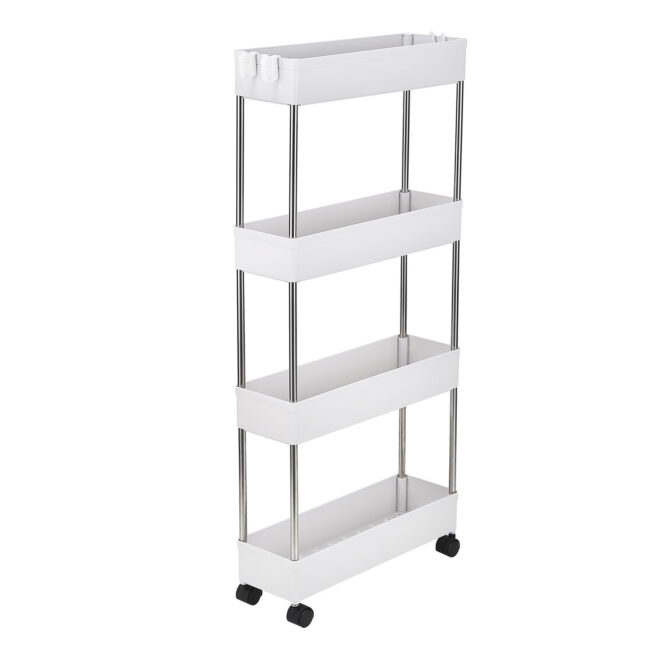 4 Tier Slim Storage Cart Mobile Shelving Unit Organizer Slide Out Storage Rolling Utility Cart Tower Rack for Kitchen Bathroom Laundry Narrow Places, Plastic & Stainless Steel, White