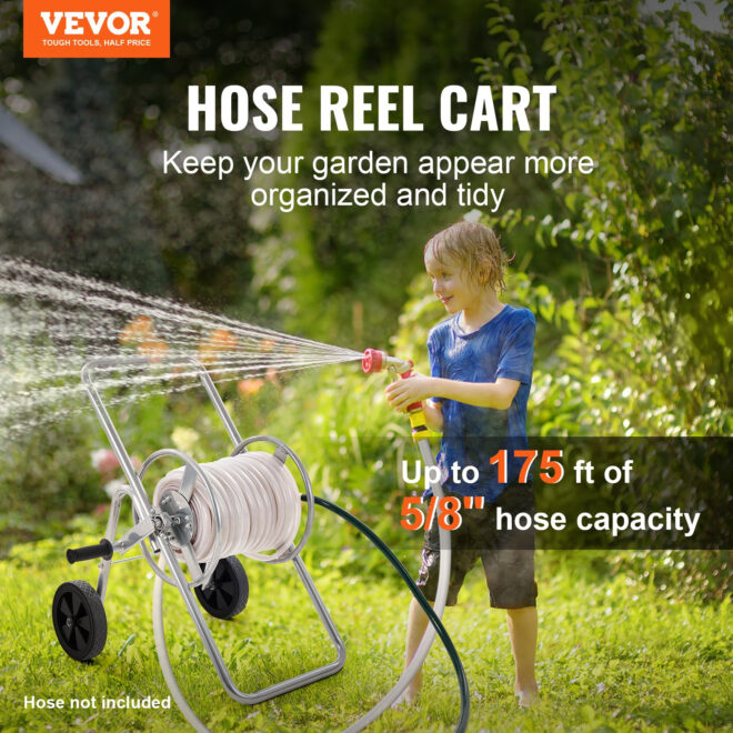 VEVOR Hose Reel Cart, Hold Up to 175 ft of 5/8'' Hose (Hose Not Included), Garden Water Hose Carts Mobile Tools with Wheels, Heavy Duty Powder-coated Steel Outdoor Planting for Garden, Yard, Lawn - Image 2