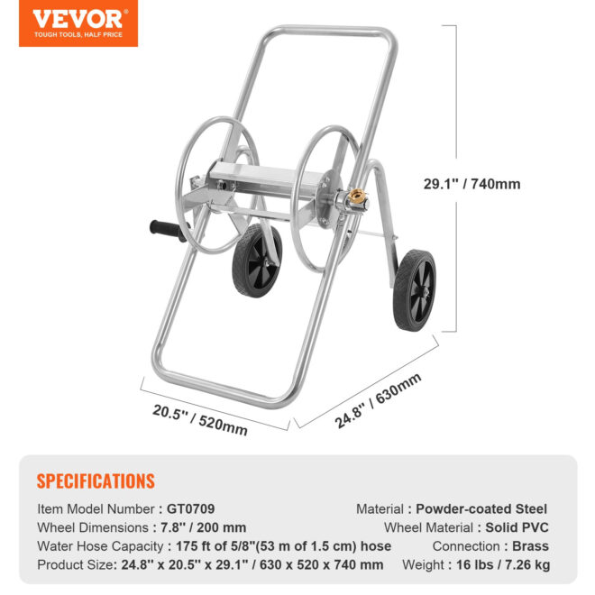 VEVOR Hose Reel Cart, Hold Up to 175 ft of 5/8'' Hose (Hose Not Included), Garden Water Hose Carts Mobile Tools with Wheels, Heavy Duty Powder-coated Steel Outdoor Planting for Garden, Yard, Lawn - Image 7