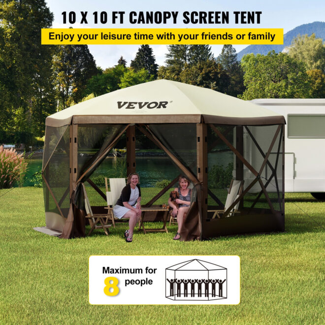 VEVOR Camping Gazebo Tent, 10'x10', 6 Sided Pop-up Canopy Screen Tent for 8 Person Camping, Waterproof Screen Shelter w/Portable Storage Bag, Ground Stakes, Mesh Windows, Brown & Beige - Image 2