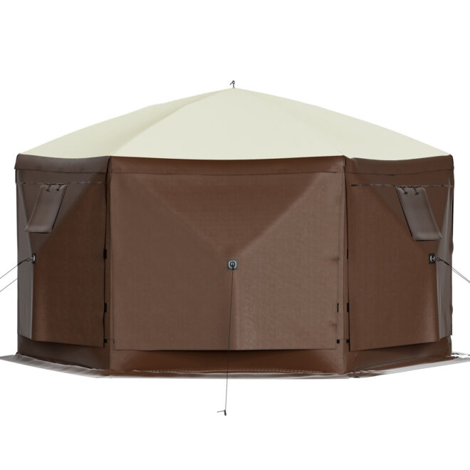 VEVOR Camping Gazebo Tent, 10'x10', 6 Sided Pop-up Canopy Screen Tent for 8 Person Camping, Waterproof Screen Shelter w/Portable Storage Bag, Ground Stakes, Mesh Windows, Brown & Beige - Image 11