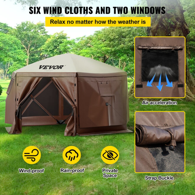 VEVOR Camping Gazebo Tent, 10'x10', 6 Sided Pop-up Canopy Screen Tent for 8 Person Camping, Waterproof Screen Shelter w/Portable Storage Bag, Ground Stakes, Mesh Windows, Brown & Beige - Image 3