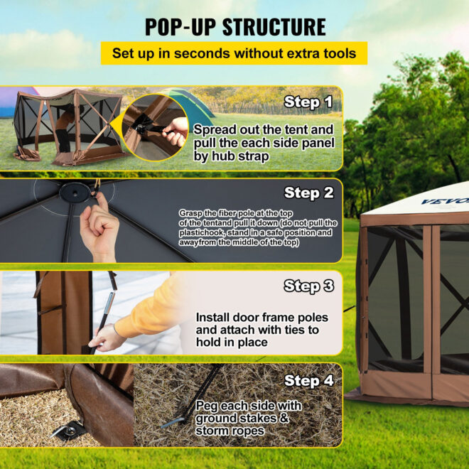 VEVOR Camping Gazebo Tent, 10'x10', 6 Sided Pop-up Canopy Screen Tent for 8 Person Camping, Waterproof Screen Shelter w/Portable Storage Bag, Ground Stakes, Mesh Windows, Brown & Beige - Image 4
