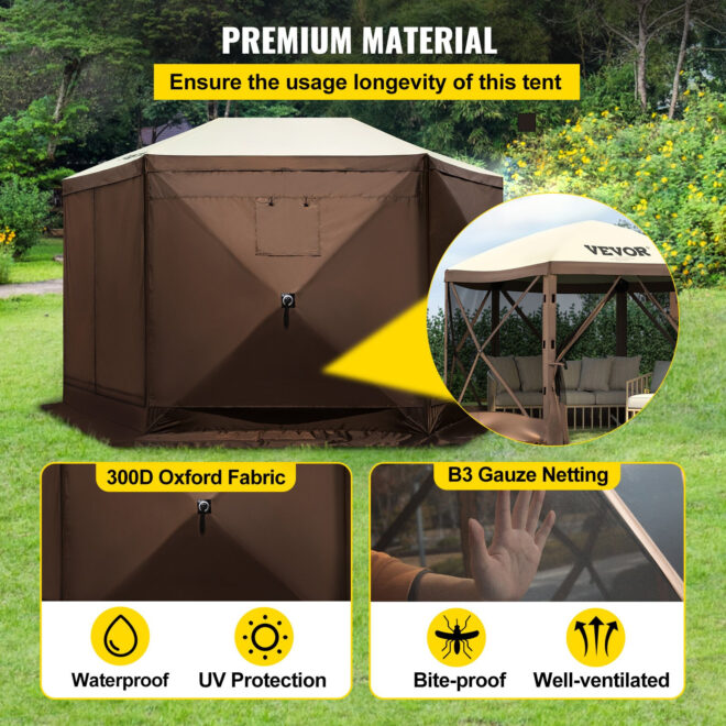 VEVOR Camping Gazebo Tent, 10'x10', 6 Sided Pop-up Canopy Screen Tent for 8 Person Camping, Waterproof Screen Shelter w/Portable Storage Bag, Ground Stakes, Mesh Windows, Brown & Beige - Image 5
