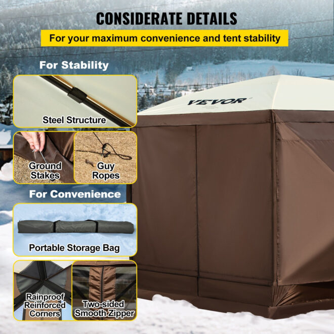 VEVOR Camping Gazebo Tent, 10'x10', 6 Sided Pop-up Canopy Screen Tent for 8 Person Camping, Waterproof Screen Shelter w/Portable Storage Bag, Ground Stakes, Mesh Windows, Brown & Beige - Image 6