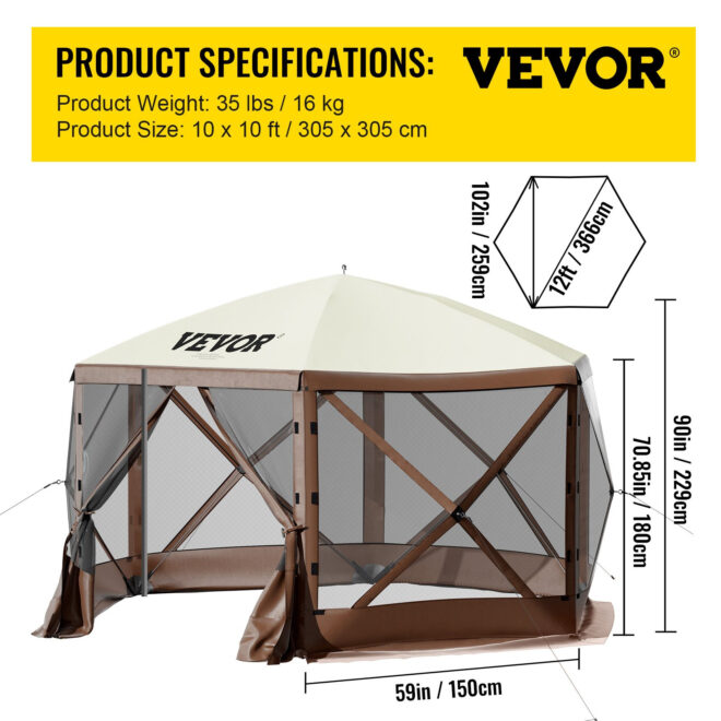 VEVOR Camping Gazebo Tent, 10'x10', 6 Sided Pop-up Canopy Screen Tent for 8 Person Camping, Waterproof Screen Shelter w/Portable Storage Bag, Ground Stakes, Mesh Windows, Brown & Beige - Image 7