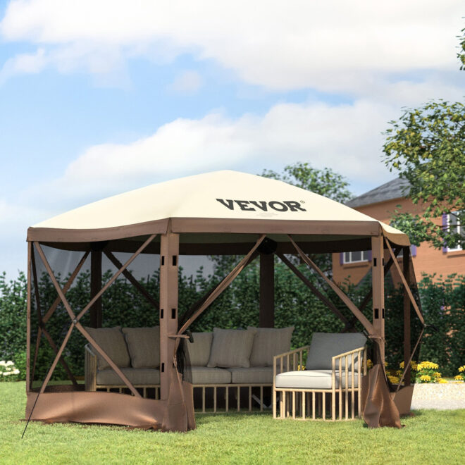 VEVOR Camping Gazebo Tent, 10'x10', 6 Sided Pop-up Canopy Screen Tent for 8 Person Camping, Waterproof Screen Shelter w/Portable Storage Bag, Ground Stakes, Mesh Windows, Brown & Beige - Image 8