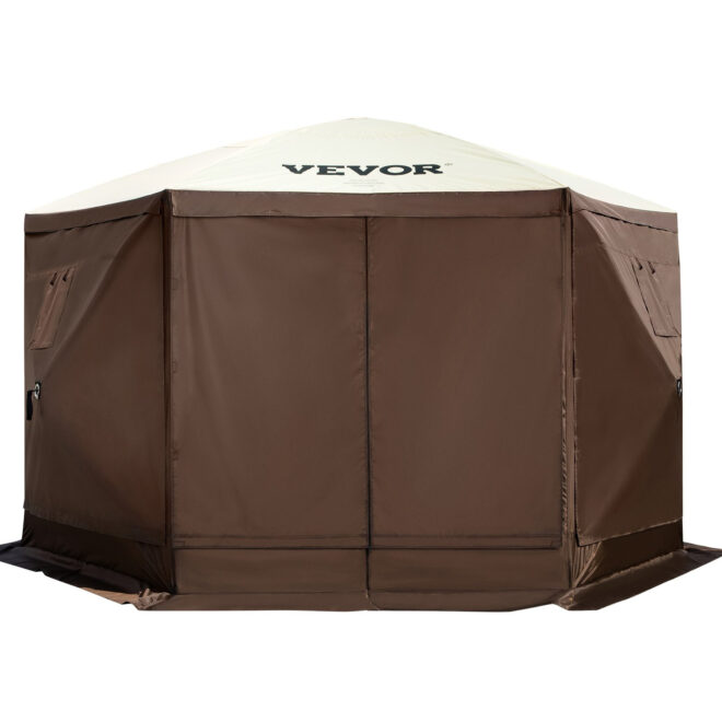 VEVOR Camping Gazebo Tent, 10'x10', 6 Sided Pop-up Canopy Screen Tent for 8 Person Camping, Waterproof Screen Shelter w/Portable Storage Bag, Ground Stakes, Mesh Windows, Brown & Beige - Image 9