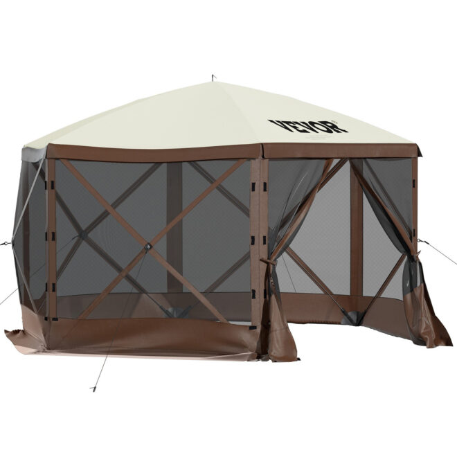 VEVOR Camping Gazebo Tent, 10'x10', 6 Sided Pop-up Canopy Screen Tent for 8 Person Camping, Waterproof Screen Shelter w/Portable Storage Bag, Ground Stakes, Mesh Windows, Brown & Beige - Image 10
