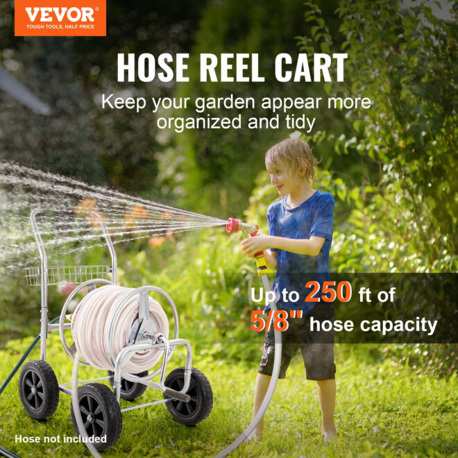 VEVOR Hose Reel Cart, Hold Up to 250 ft of 5/8'' Hose, Garden Water Hose Carts Mobile Tools with 4 Wheels, Heavy Duty Powder-coated Steel Outdoor Planting with Storage Basket, for Garden, Yard, Lawn - Image 2