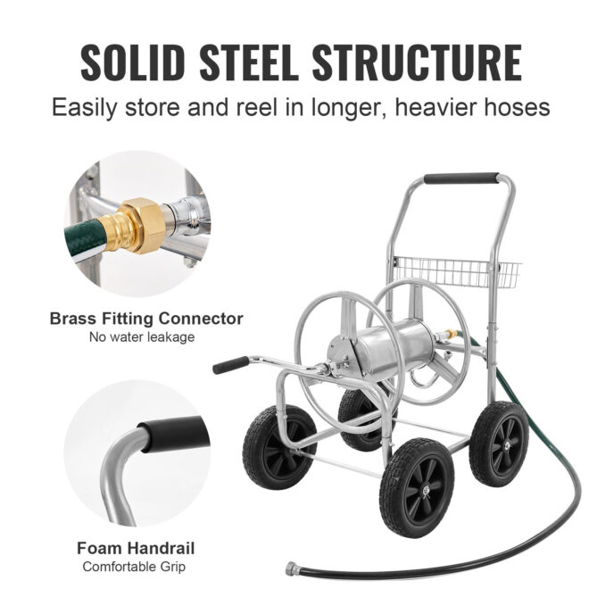 VEVOR Hose Reel Cart, Hold Up to 250 ft of 5/8'' Hose, Garden Water Hose Carts Mobile Tools with 4 Wheels, Heavy Duty Powder-coated Steel Outdoor Planting with Storage Basket, for Garden, Yard, Lawn - Image 3