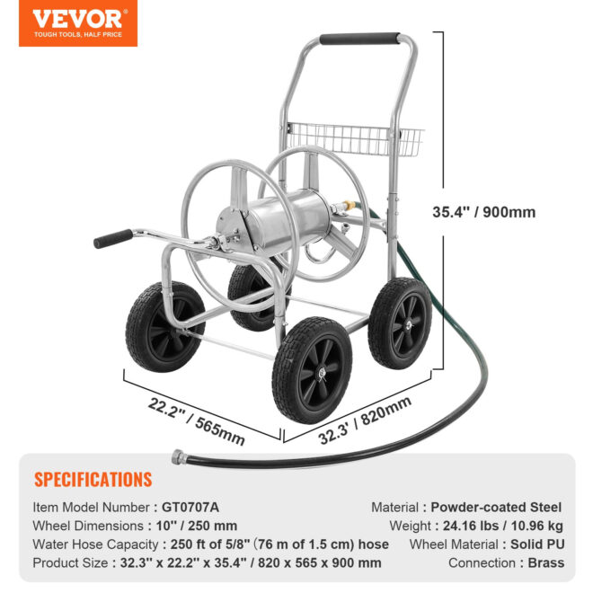 VEVOR Hose Reel Cart, Hold Up to 250 ft of 5/8'' Hose, Garden Water Hose Carts Mobile Tools with 4 Wheels, Heavy Duty Powder-coated Steel Outdoor Planting with Storage Basket, for Garden, Yard, Lawn - Image 7