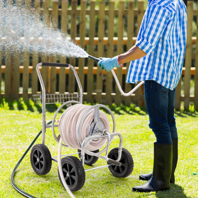 VEVOR Hose Reel Cart, Hold Up to 250 ft of 5/8'' Hose, Garden Water Hose Carts Mobile Tools with 4 Wheels, Heavy Duty Powder-coated Steel Outdoor Planting with Storage Basket, for Garden, Yard, Lawn - Image 8