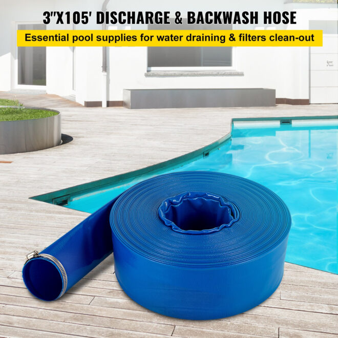 VEVOR Discharge Hose, 3" x 105', PVC Lay Flat Hose, Heavy Duty Backwash Drain Hose with Clamps, Weather-proof & Burst-proof, Ideal for Swimming Pool & Water Transfer, Blue - Image 2