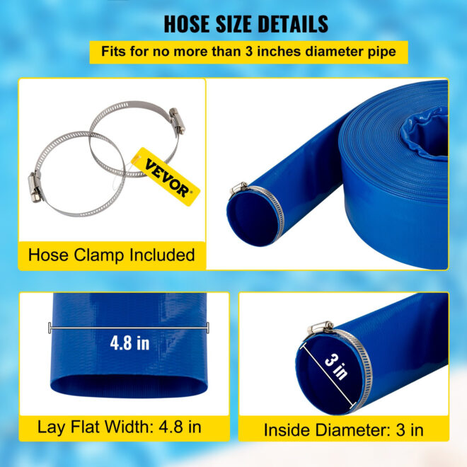 VEVOR Discharge Hose, 3" x 105', PVC Lay Flat Hose, Heavy Duty Backwash Drain Hose with Clamps, Weather-proof & Burst-proof, Ideal for Swimming Pool & Water Transfer, Blue - Image 4