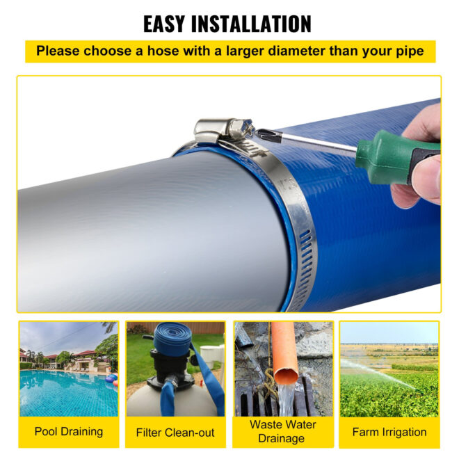 VEVOR Discharge Hose, 3" x 105', PVC Lay Flat Hose, Heavy Duty Backwash Drain Hose with Clamps, Weather-proof & Burst-proof, Ideal for Swimming Pool & Water Transfer, Blue - Image 6