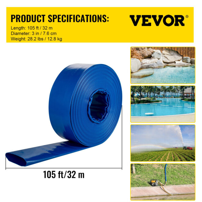 VEVOR Discharge Hose, 3" x 105', PVC Lay Flat Hose, Heavy Duty Backwash Drain Hose with Clamps, Weather-proof & Burst-proof, Ideal for Swimming Pool & Water Transfer, Blue - Image 7