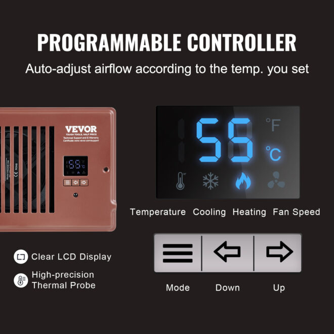 VEVOR Register Booster Fan, Quiet Vent Booster Fan Fits 4' x 12' Register Holes, with Remote Control and Thermostat Control, Adjustable Speed for Heating Cooling Smart Vent, Brown - Image 4