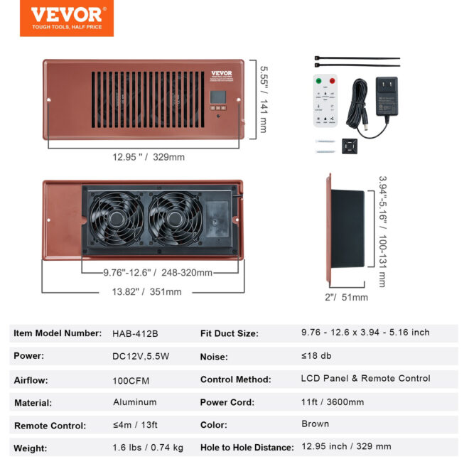 VEVOR Register Booster Fan, Quiet Vent Booster Fan Fits 4' x 12' Register Holes, with Remote Control and Thermostat Control, Adjustable Speed for Heating Cooling Smart Vent, Brown - Image 7