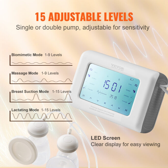 VEVOR Breast Pump, Single/Double Adjustable Electric Breast Pumps, 4 Modes & 9/15 Levels, Reciprocating Piston Pumps, 4000mAH Anti-Backflow Breastfeeding Pump with 300mmHg High Suction, 18/22mm Flange - Image 4