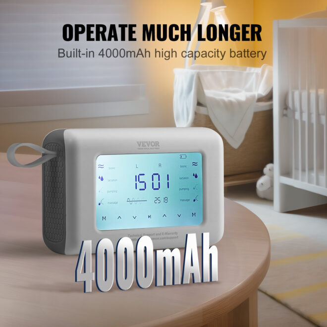 VEVOR Breast Pump, Single/Double Adjustable Electric Breast Pumps, 4 Modes & 9/15 Levels, Reciprocating Piston Pumps, 4000mAH Anti-Backflow Breastfeeding Pump with 300mmHg High Suction, 18/22mm Flange - Image 5