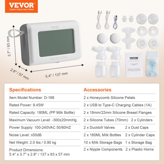 VEVOR Breast Pump, Single/Double Adjustable Electric Breast Pumps, 4 Modes & 9/15 Levels, Reciprocating Piston Pumps, 4000mAH Anti-Backflow Breastfeeding Pump with 300mmHg High Suction, 18/22mm Flange - Image 7