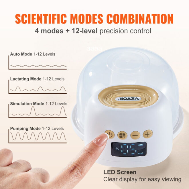 VEVOR Breast Pump, Wearable Electric Breast Pumps Hands Free, 4 Mode & 12 Levels, 300mmHg Strong Suction, Ultra-Quiet Rechargeable Portable Breastfeeding Pump with LED Display, 24mm Insert/28mm Flange - Image 4