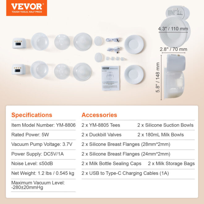 VEVOR Breast Pump, Wearable Electric Breast Pumps Hands Free, 4 Mode & 12 Levels, 300mmHg Strong Suction, Ultra-Quiet Rechargeable Portable Breastfeeding Pump with LED Display, 24mm Insert/28mm Flange - Image 7