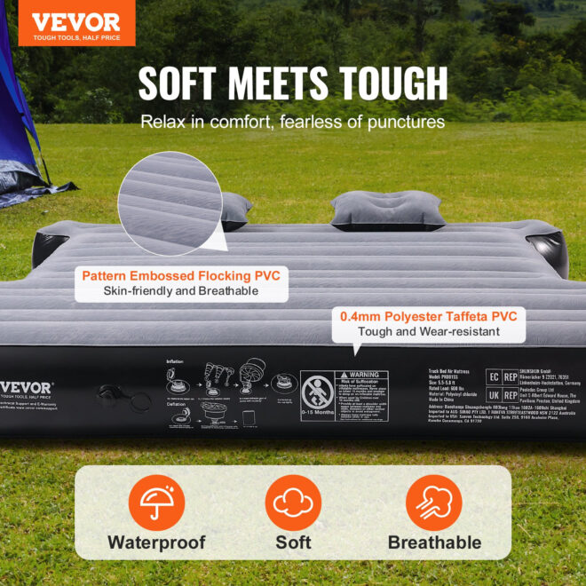 VEVOR Truck Bed Air Mattress, for 5.5-5.8 ft Full Size Short Truck Beds, Inflatable Air Mattress Camping Bed with 12V Air Pump 2 Pillows, Carry Bag, for Silverado, RAM, F Series, Sierra, Titan, Tundra - Image 2