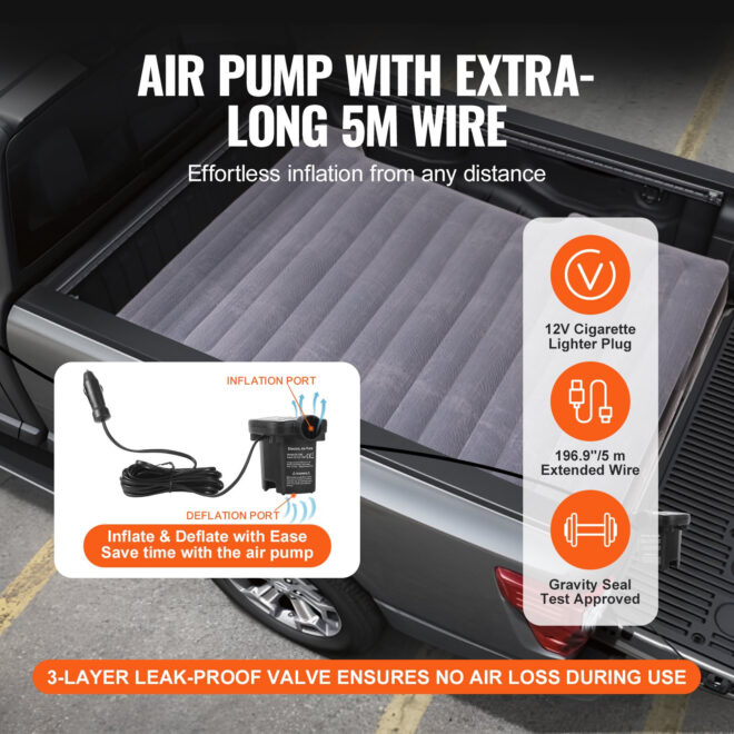 VEVOR Truck Bed Air Mattress, for 5.5-5.8 ft Full Size Short Truck Beds, Inflatable Air Mattress Camping Bed with 12V Air Pump 2 Pillows, Carry Bag, for Silverado, RAM, F Series, Sierra, Titan, Tundra - Image 3