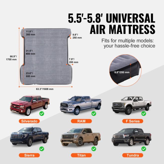 VEVOR Truck Bed Air Mattress, for 5.5-5.8 ft Full Size Short Truck Beds, Inflatable Air Mattress Camping Bed with 12V Air Pump 2 Pillows, Carry Bag, for Silverado, RAM, F Series, Sierra, Titan, Tundra - Image 6
