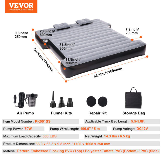 VEVOR Truck Bed Air Mattress, for 5.5-5.8 ft Full Size Short Truck Beds, Inflatable Air Mattress Camping Bed with 12V Air Pump 2 Pillows, Carry Bag, for Silverado, RAM, F Series, Sierra, Titan, Tundra - Image 7