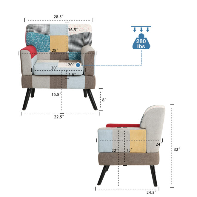 Patchwork Accent Chair, Mid Century Modern Fabric Club Chair for Bedroom Comfy, Colourful Single Sofa Chair for Livingroom, Bedroom, Office, Study and Reading Room - Image 3