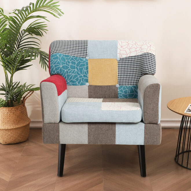 Patchwork Accent Chair, Mid Century Modern Fabric Club Chair for Bedroom Comfy, Colourful Single Sofa Chair for Livingroom, Bedroom, Office, Study and Reading Room