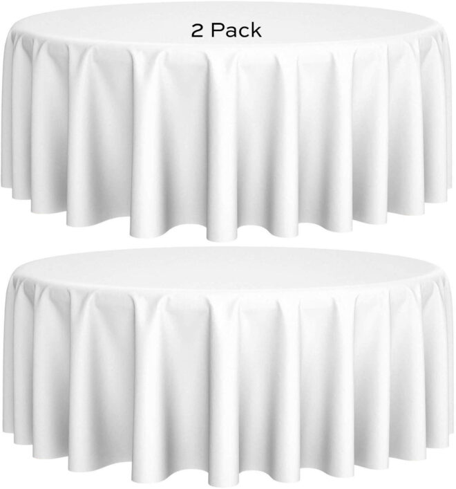 2 Pack White Round Tablecloths 90 Inch [Perfect Size for 30 60 Inch Tables] 200 GSM Premium Quality Textured Washable Polyester Fabric 90 Table Cloth White