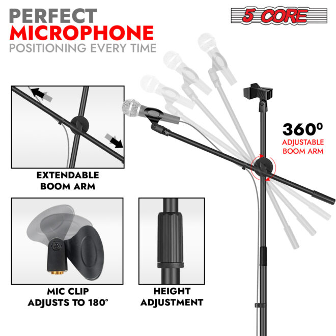 5 Core Tripod Mic Stand Floor Adjustable 31 to 76 Inches Boom Arm Holder Microphone Stands 360 Degree Rotating + Dual Mic - MS DBL - Image 2