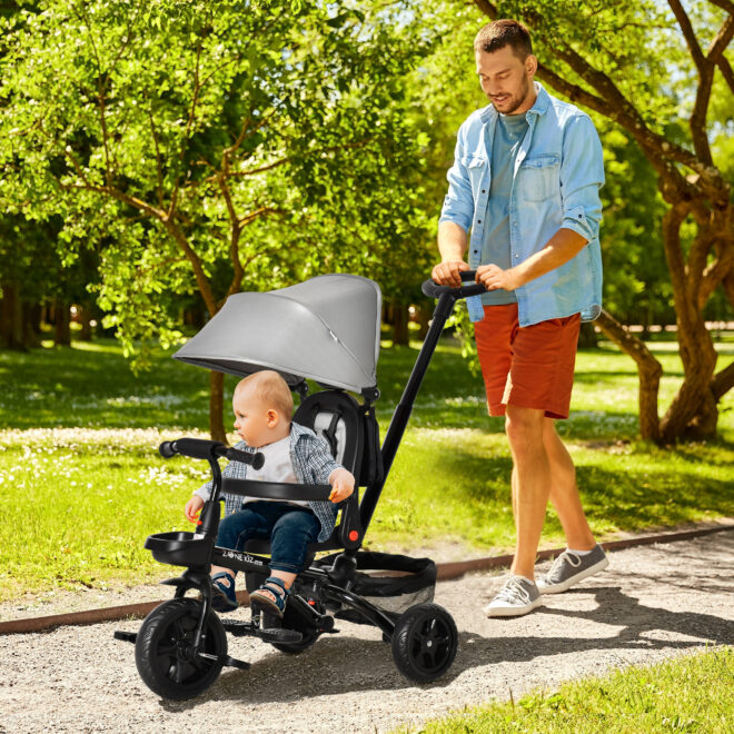 Baby Tricycle 4 In 1 Trike w/ Reversible Angle Adjustable Seat Removable Handle Canopy Handrail Belt Storage Footrest Brake Clutch for 1-5 Years Old Grey - Image 2