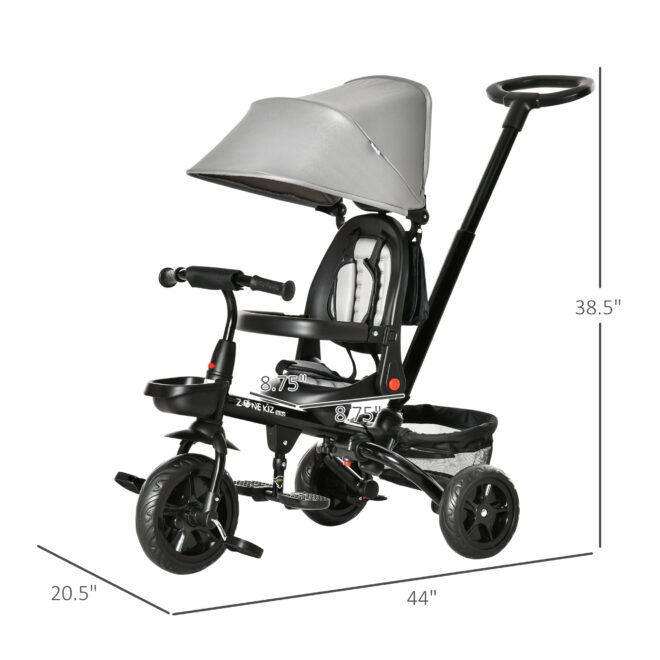 Baby Tricycle 4 In 1 Trike w/ Reversible Angle Adjustable Seat Removable Handle Canopy Handrail Belt Storage Footrest Brake Clutch for 1-5 Years Old Grey - Image 3