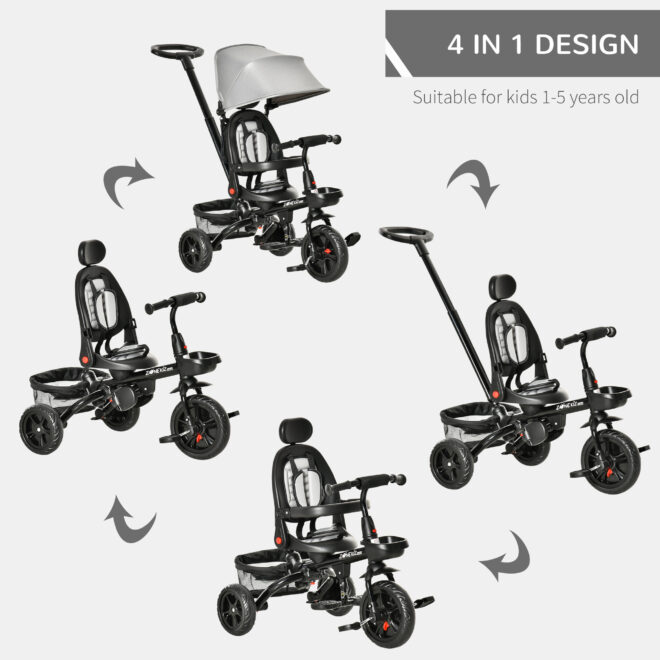 Baby Tricycle 4 In 1 Trike w/ Reversible Angle Adjustable Seat Removable Handle Canopy Handrail Belt Storage Footrest Brake Clutch for 1-5 Years Old Grey - Image 4