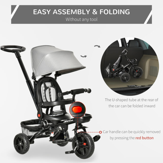 Baby Tricycle 4 In 1 Trike w/ Reversible Angle Adjustable Seat Removable Handle Canopy Handrail Belt Storage Footrest Brake Clutch for 1-5 Years Old Grey - Image 5