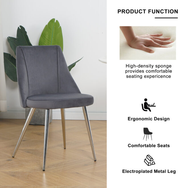 Modern Grey Velvet Dining Chairs , Fabric Accent Upholstered Chairs Side Chair with chrome Legs for Home Furniture Living Room Bedroom Kitchen Dinning room(set of 4) - Image 2