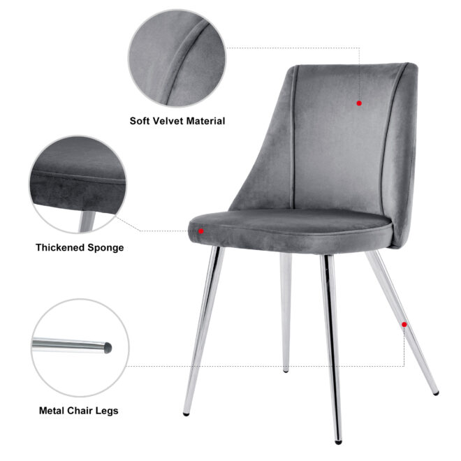 Modern Grey Velvet Dining Chairs , Fabric Accent Upholstered Chairs Side Chair with chrome Legs for Home Furniture Living Room Bedroom Kitchen Dinning room(set of 4) - Image 3