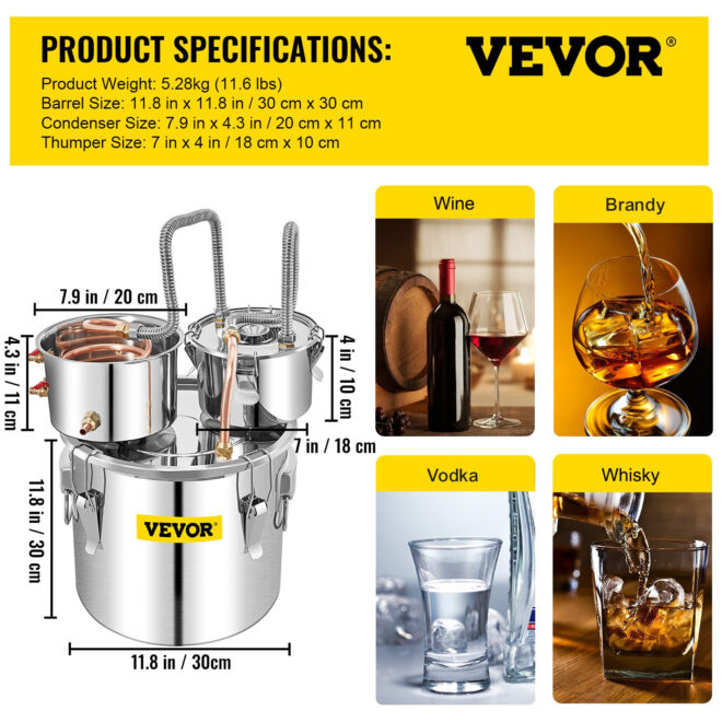 VEVOR Alcohol Still 5 Gal 19L Water Alcohol Distiller Copper Tube With Circulating Pump Home Brewing Kit Build-in Thermometer for DIY Whisky Wine Brandy, Stainless Steel, 3 Pots - Image 7