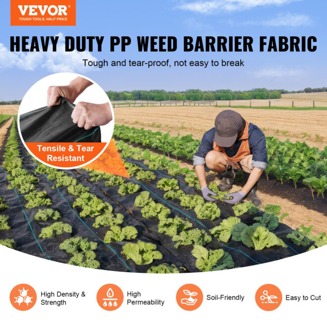 VEVOR 13FTx108FT Premium Heavy Duty Weed Barrier Landscape Fabric, 5OZ Woven Geotextile Fabric Under Gravel, High Permeability for Weed Blocker Weed Mat, Driveway Fabric, Weed Control Garden Cloth - Image 2