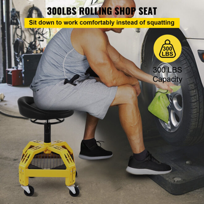 VEVOR Rolling Garage Stool, 300LBS Capacity, Adjustable Height from 24 in to 28.7 in, Mechanic Seat with 360-degree Swivel Wheels and Tool Tray, for Workshop, Auto Repair Shop, Yellow - Image 2