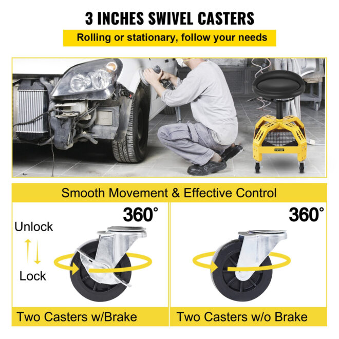 VEVOR Rolling Garage Stool, 300LBS Capacity, Adjustable Height from 24 in to 28.7 in, Mechanic Seat with 360-degree Swivel Wheels and Tool Tray, for Workshop, Auto Repair Shop, Yellow - Image 5