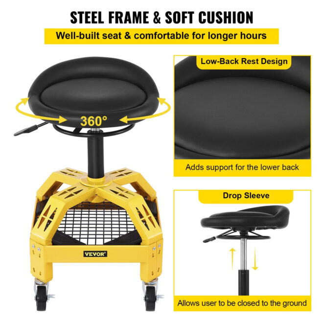 VEVOR Rolling Garage Stool, 300LBS Capacity, Adjustable Height from 24 in to 28.7 in, Mechanic Seat with 360-degree Swivel Wheels and Tool Tray, for Workshop, Auto Repair Shop, Yellow - Image 6