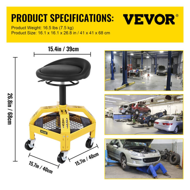 VEVOR Rolling Garage Stool, 300LBS Capacity, Adjustable Height from 24 in to 28.7 in, Mechanic Seat with 360-degree Swivel Wheels and Tool Tray, for Workshop, Auto Repair Shop, Yellow - Image 7